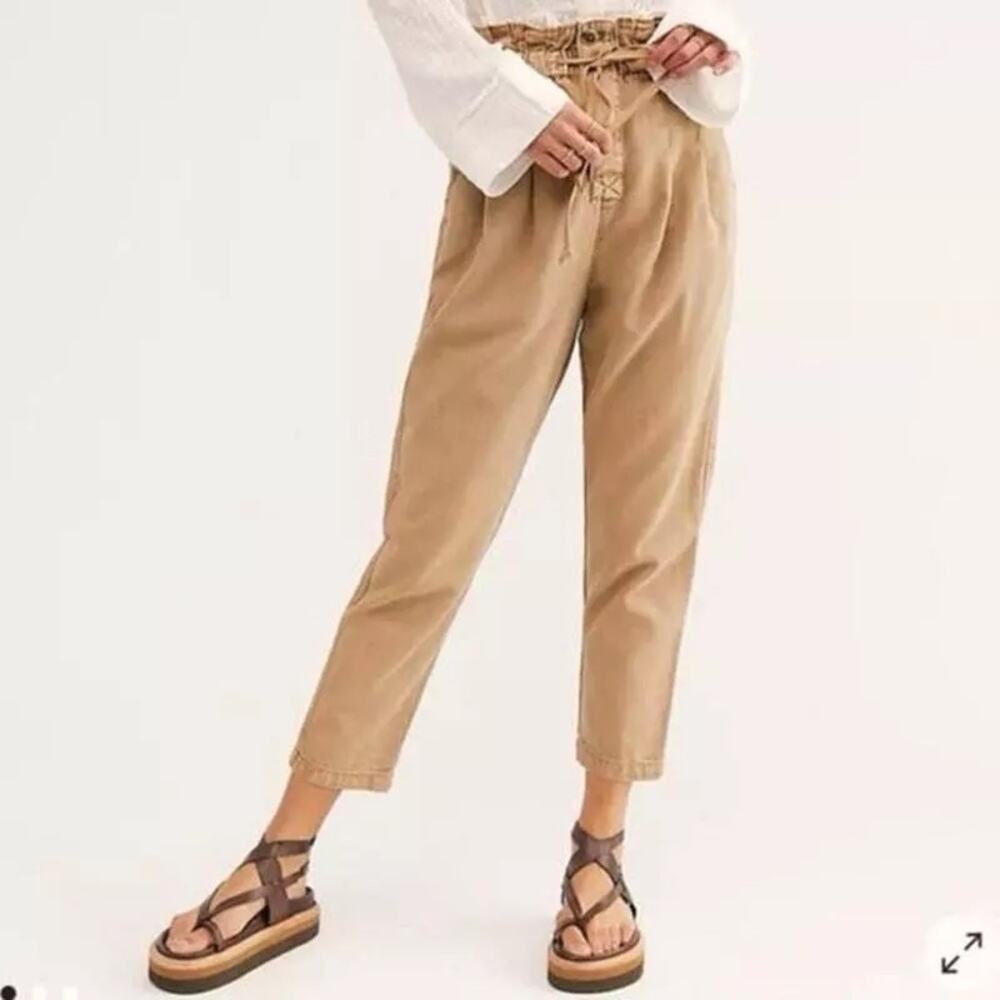 Free People Margate Pleated Trouser Womens Small Tan Paperbag Straight Leg Pants